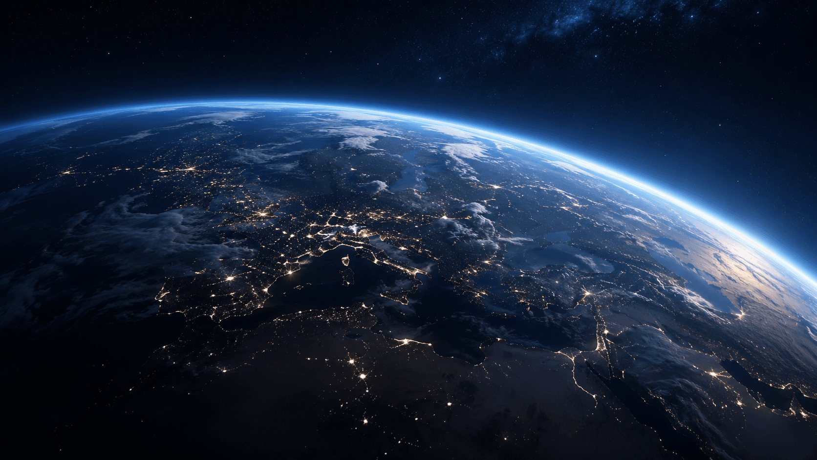 Earth from space with gold global network lights